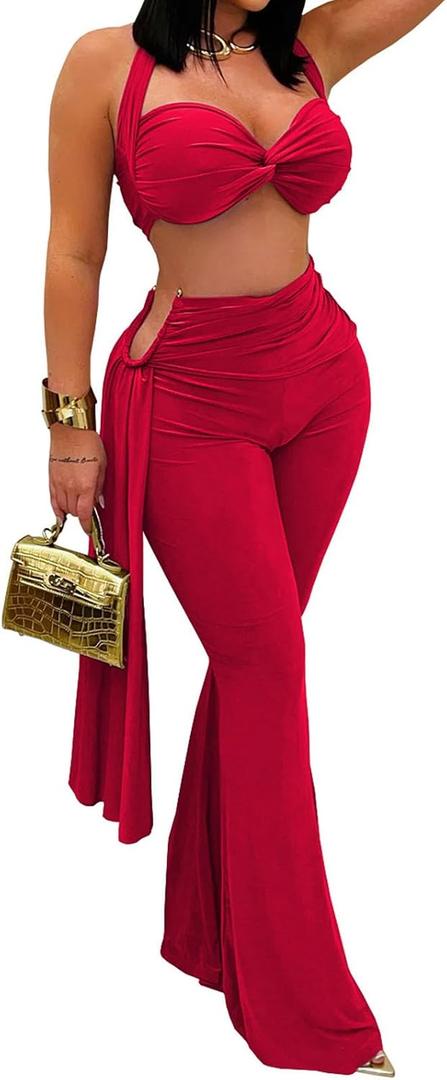 Women's Two Piece Outfits Halter Bandage Crop Top and High Waist Flare Pants Set Club Party Going Out Outfits, Size: Large