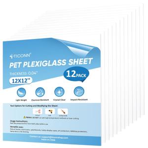 TICONN PET Plexiglass Sheets, 12 Pack Clear Plastic Sheet, Easy to Cut Thin Flexible PET Plastic Sheeting Panels for DIY Art Projects, Crafts, Picture Frames, Signs (12 Pack, 12"x12")
