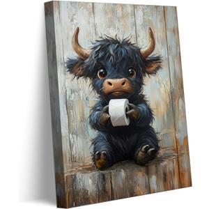 Funny Highland Cow Bathroom Canvas Wall Art Cute Black Cow Baby Animal Picture Wall Decor Vintage Rustic Farmhouse Home Poster Print Painting for Bathroom Toilet Restroom Washroom Decoration, 24"L x 16"W-Canvas