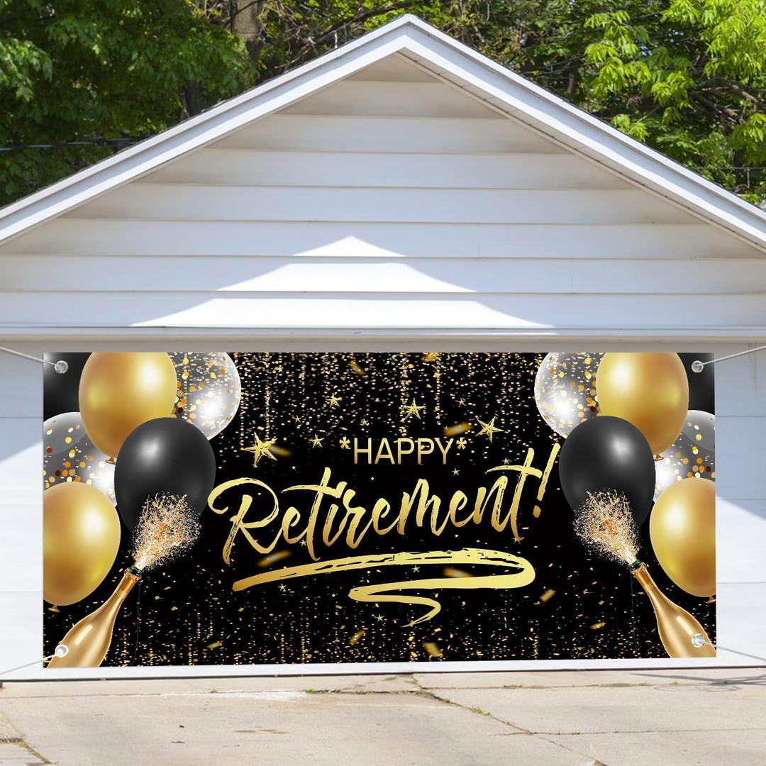 Retirement Garage Door Cover, Black and Golden Glitter Happy Retirement Garage Door Banner 6 x 13 ft Large Indoor Outer Backdrop for Party Photography Photo Props Decor (Independence Day 1)