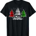 Merry Christmas Tree Xmas Buffalo Plaid Red White Green T-Shirt L 