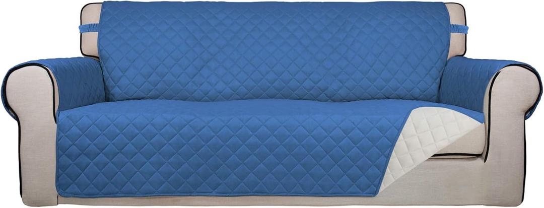 PureFit Reversible Quilted Sofa Cover, Water Resistant Slipcover Furniture Protector, Washable Couch Cover with Non Slip and Elastic Straps for Kids, Dogs, Pets (Sofa, Blue/Ivory) (Large)