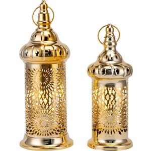 TRIROCKS Ramadan Lanterns Set of 2 10" &12.5" Gold Electric Candle Holders with Timer, Metal Decorative Vintage Lanterns for Indoor/Outdoor Decor, Perfect EID Mubarak Gift