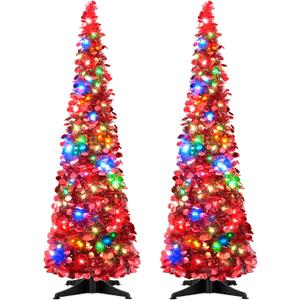 Leyndo 2 Pcs 5 ft Collapsible Artificial Christmas Tree with LED Light Pre Lit Red Sequined Pop Up Tinsel Pencil Skinny Xmas Tree for Indoor Home Fireplace Decoration