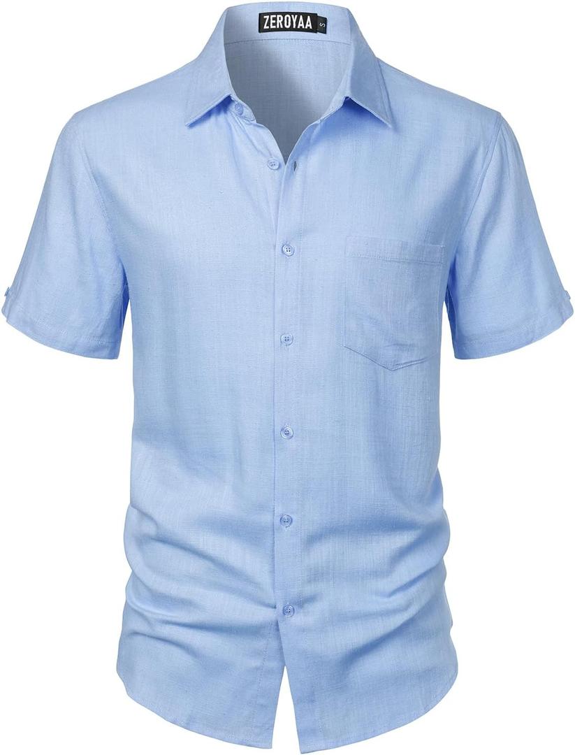 ZEROYAA Men's Linen Shirts Short Sleeve Summer Casual Button Down Beach Shirt with Pocket (Blue, M)