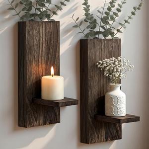 Wood Wall Planter Set of 2, Wooden Wall-Mounted Vase with Shelf for Plants & Candles, Farmhouse Hanging Wall Home Decor for Living Room, Bedroom, Bathroom, 13.8" x 5" (Black Walnut)