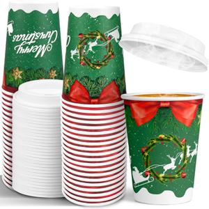 JOYEUX Christmas Disposable Coffee Cups with Lids 12 oz, To Go Coffee Cups, Holiday Paper Cups for Hot Cocoa, Hot Chocolate, Drinks Supplies, Xmas Dinner Party - 40 Pack