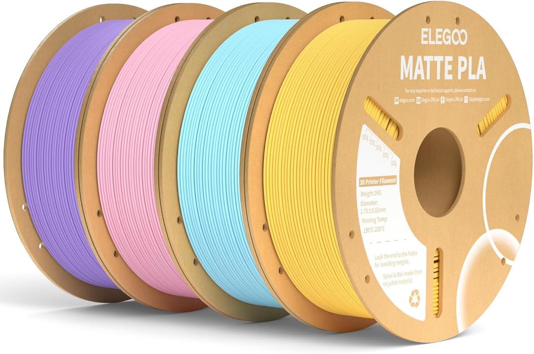 ELEGOO Matte PLA Filament Bundle 4KG, 1.75mm 3D Printer Filament Dimensional Accuracy +/- 0.02mm, 1kg Spool (2.2lbs) Fits for Most FDM 3D Printers Sakura Pink/Lavender Purple/Ice Blue/Sunshine Yellow