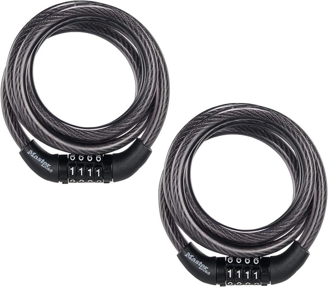 Master Lock Black Set Preset Combination Bike Lock, Metal Cable Lock has a Weather Resistant Vinyl Coating for Outdoor Equipment, Bicycles, 4 Feet Long, Pack of 2, 8143T
