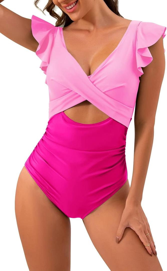B2prity Women's One Piece Swimsuit Ruffle Cutout Bathing Suits Slimming Tummy Control V Neck Wrap Swimwear (Large, Pink Color Block)