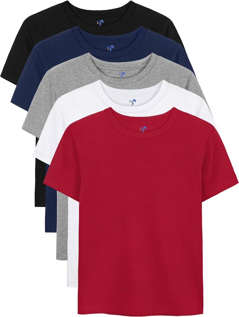 5 Pack Boys Shirts Short Sleeve Shirts for Boys Cotton T-Shirts Kids Toddler Tshirts Tees Clothes Summer Tops (12-14 Years, Black, Light Navy Blue, Gray, Red, White)