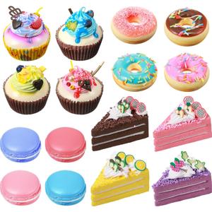 Chivao 16 Pcs Fake Food Realistic Artificial Toy Donuts Cupcake Fake Slice Cake Artificial Simulation Macaron, for Display PU Foam Realistic Food Props for Home Shop Party Decorations (Donuts)
