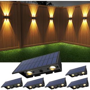 Solar Fence Lights Outdoor,6Pack Solar Wall Lights Up and Down Waterproof 3000/4500/6000K 3 Modes Brighter LED Focus Lens Dusk to Dawn Fence Lights Solar Powered for Patio/Backyard/Porch/Railing/Step