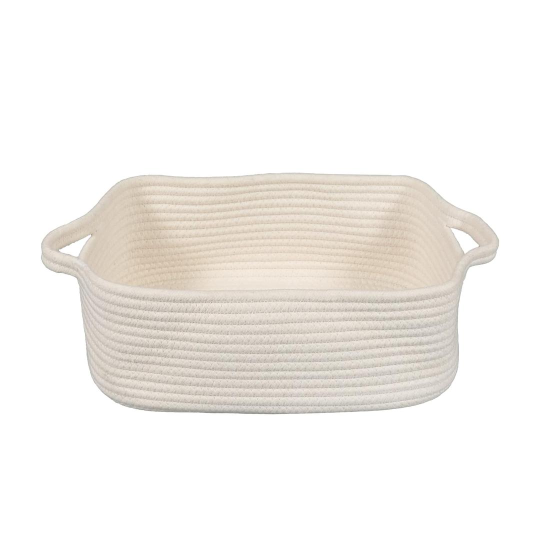 XUANGUO Woven Cotton Rope Storage Basket with Handles for Organizing Shelves Closet Small Cat Dog Pet Toy Baskets Box Bin Decorative Rectangle Baby Nursery basket Gift basket Empty(white)