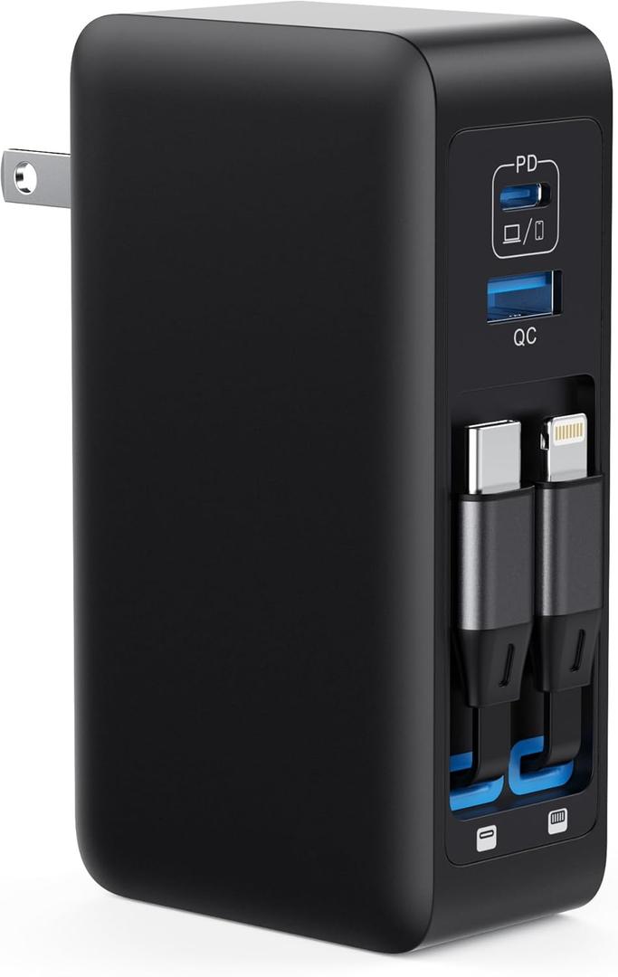 120W USB C Charger Block with 2 Built-in Retractable Cables, 4-in-1 GaN IV Foldable Plug Wall Charger Fast Charging Station, PD 65W Laptop Adapter for MacBook/ iPad, iPhone 16/ 15/ 14, Android (Black)