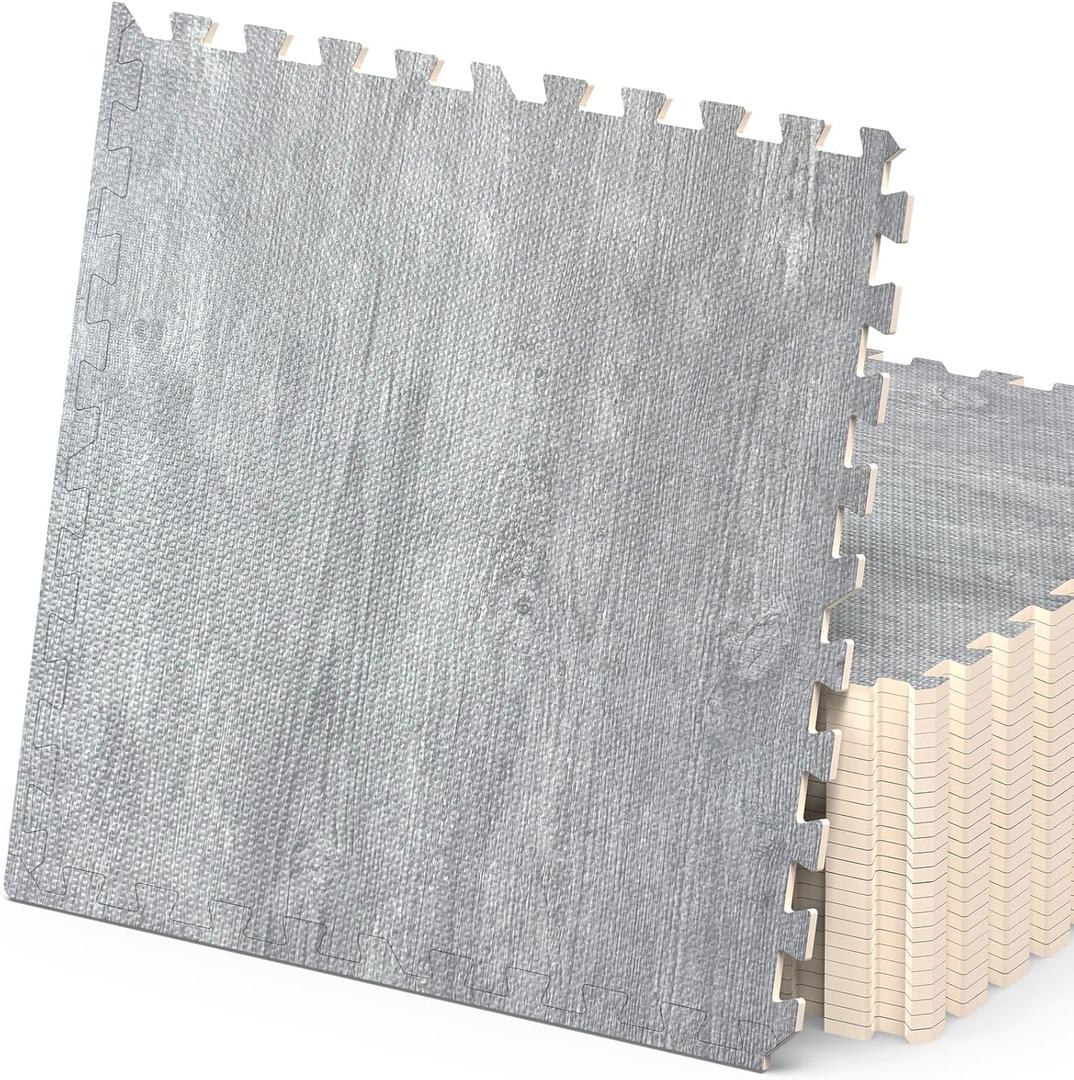 100 Sq. Ft 3/8 Inch Thick Printed Foam Tiles Interlocking Foam Mat, 24" x 24", 25 pcs, Grey Wood Grain Style Print