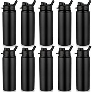 Shellwei 10 Pcs Aluminum Metal Water Bottles Bulk 24 oz Lightweight Leak Proof Sports Water Bottle with Snap Lid Reusable Bottle for Travel Camping Hiking (Black)
