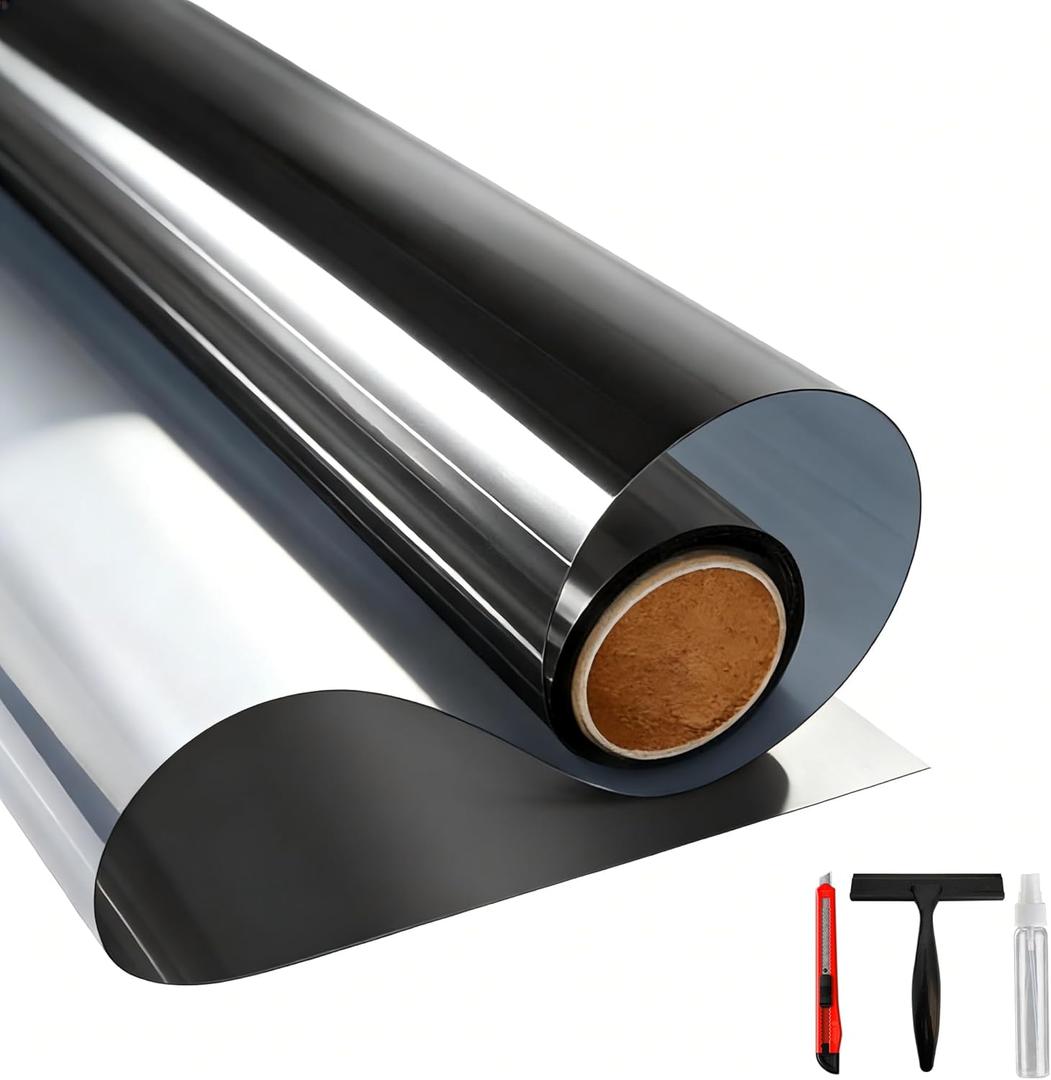 One Way Daytime Window Privacy Film See Out Not in, Window Tint for Home, Reflective Mirror Glass Windows Coverings Sun Heat UV Blocking, Black-Silver, 17.5" X 78.7"