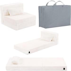 Folding Sofa Bed Beige Floor Mattress for Kids with Pillow, Toddler Washable Folded Floor Mat for Daycare, Child Fold Up Sofa Chair Bed with Storage Bag for Playroom, Camping, Girls and Boys