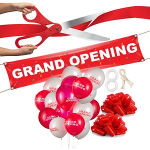 Deluxe Grand Opening Ribbon Cutting Ceremony Kit - 25" Giant Scissors with Red Satin Ribbon, Banner, Bows, Balloons & More