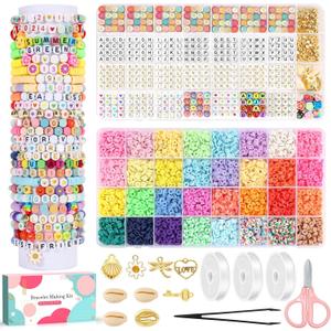 7340 Clay Beads Bracelet Making Kit,32 Colors Friendship Bracelet Kit,1260 Pcs 10 Styles of Letter, Number & Pattern Beads with CharmValentines Day Gifts for Kids Classroom Exchange