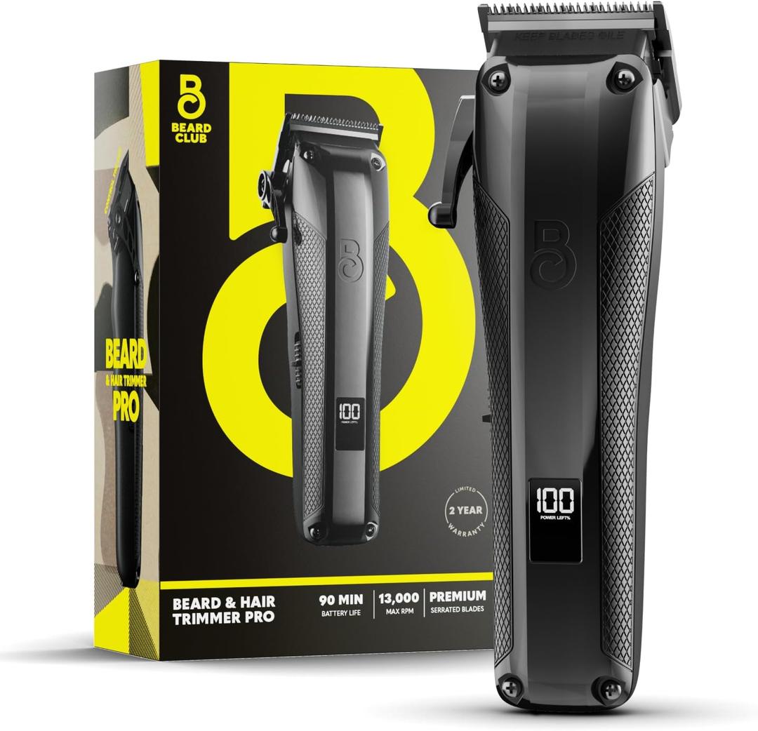 The Beard Club Pro Beard Trimmer for Men - Professional Men's Hair Trimmer for Barbers - Electric Cordless Rechargeable High Power 13,000 RPM - 10 Guides - Taper Lever - Diamond Like Carbon Blades
