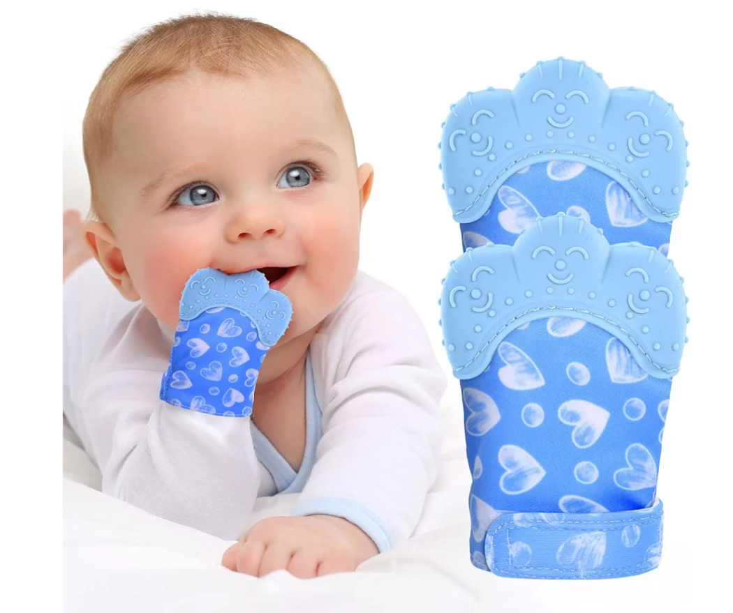 2Pack Silicone Teething Mitt, Soothing Infant Teething Mitten Pain Relief, Prevent Scratches Glove, Safe Silicone Teething Toys for 0-12 Months Blue Heart