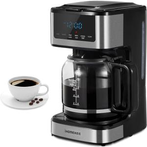 Ihomekee Coffee Maker, Programmable Drip Coffee Maker 12 Cup, Regular & Strong Brew Drip Coffee Machine with Iced Coffee Function for Home and Office, Black & Stainless Steel (Black, Silver)
