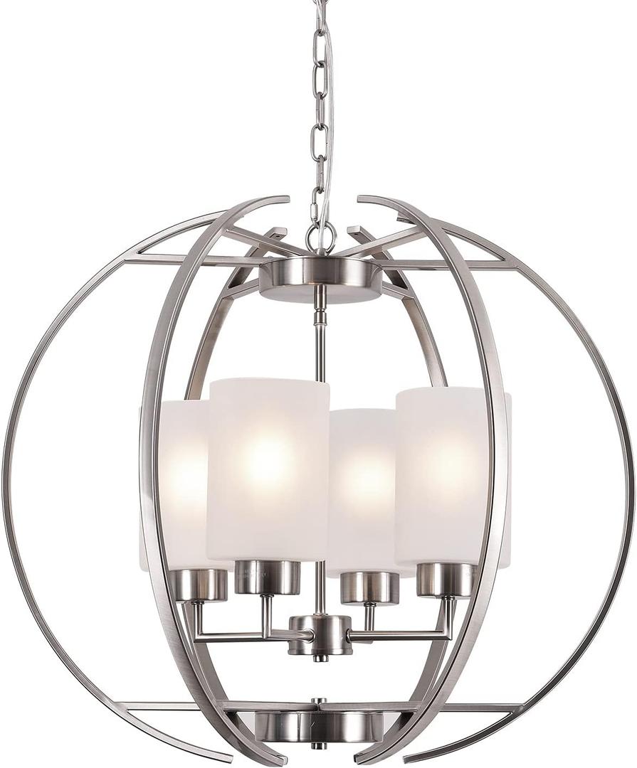 BOZO Brushed Nickel Chandelier Dining Room Lighting Fixtures Modern Foyer 24" Orb Chandeliers 4 Light Hanging Pendant Ceiling Lighting Frosted Glass Shades