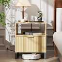 Fluted Night Stand with Charging Station, Wood Nightstand with Large Drawer and Open Storage Cabinet, Mid-Century Modern Bedside Table End Table for Bedroom Closet Office (A - Reclaimed Light Oak)