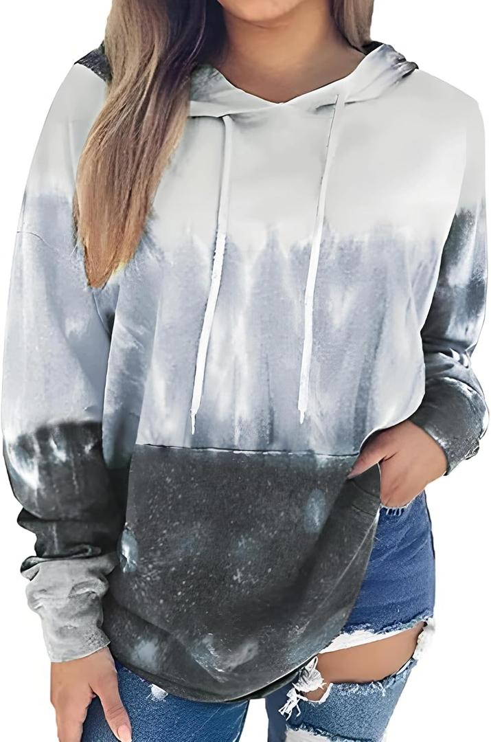 Women's Hoodies Long Sleeve Sweatshirts Drawstring Pullover Tops with Pocket Casual Loose Blouses Tunic (Large, Blue Star Tie Dye)