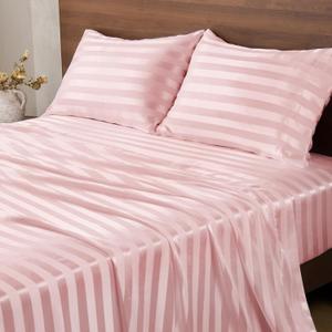 BEDELITE Satin Sheets Queen Size, Luxury Jacquard Striped Pink Bedsheets Set with Elastic Corner Straps, Similar to Silk Sheets Set 4 PC with 1 Deep Pocket Fitted Sheet, 1 Flat Sheet, & 2 Pillowcases