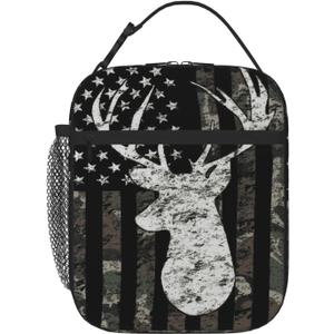 Deer Camouflage American Flag Hunting Lunch Box Bag,Animal Lunchbag Portable Lunch Bag,Reusable Insulated Freezer Lunch Bag for Men Women Picnic Camping and Work
