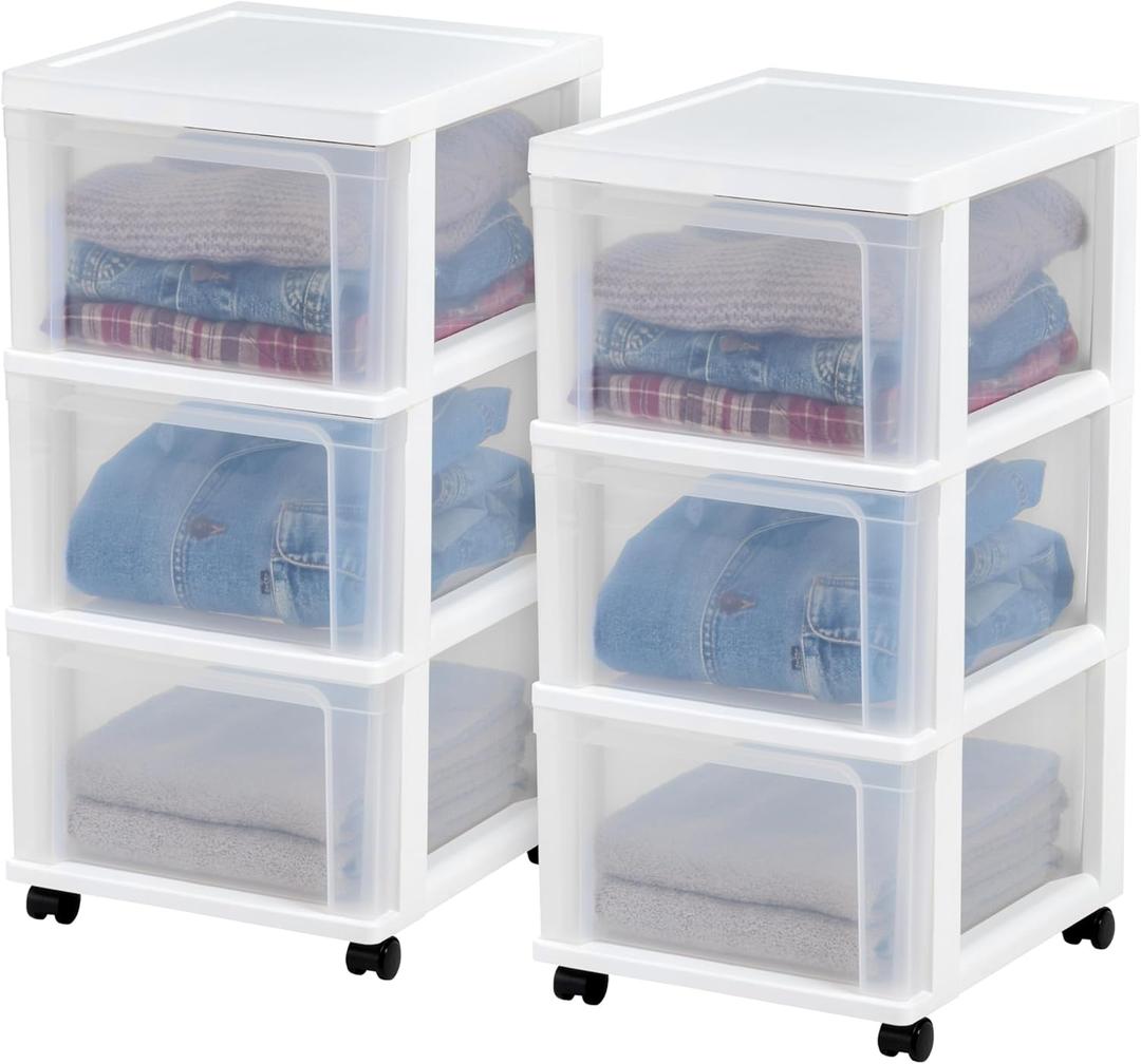 IRIS USA Plastic 3-Drawer Storage Organizer Rolling Cart, with Wheels Casters, 2-Pack, for Classroom Art Supplies Bathroom Dorm Bedroom Laundry Room, Slim Narrow, White/Clear