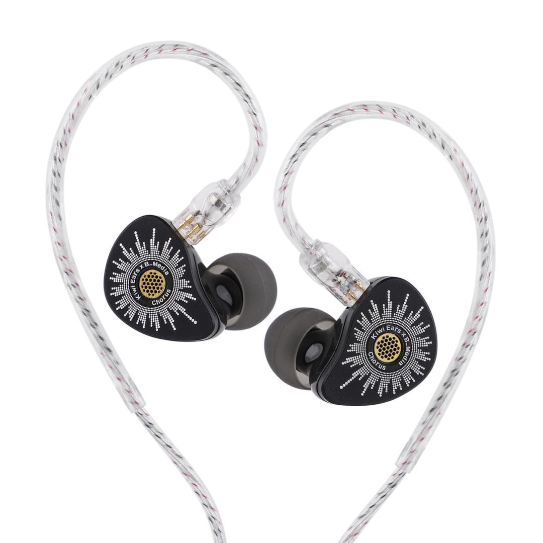 Kiwi Ears x B_Media Chorus in Ear Monitor, DLC Diaphragm Dynamic Driver IEM, with CNC Metal Faceplate, Wired Earbuds with Dual Silver-Plated Cable for Musicians (1, Black, 3.5mm No Mic)