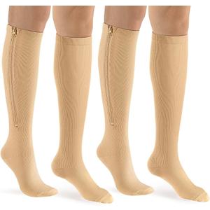 bropite Zipper Compression Socks Women & Men - 2Pairs Calf Knee High 15-20mmHg Closed Toe Compression Stocking (Large-X-Large, Nude)