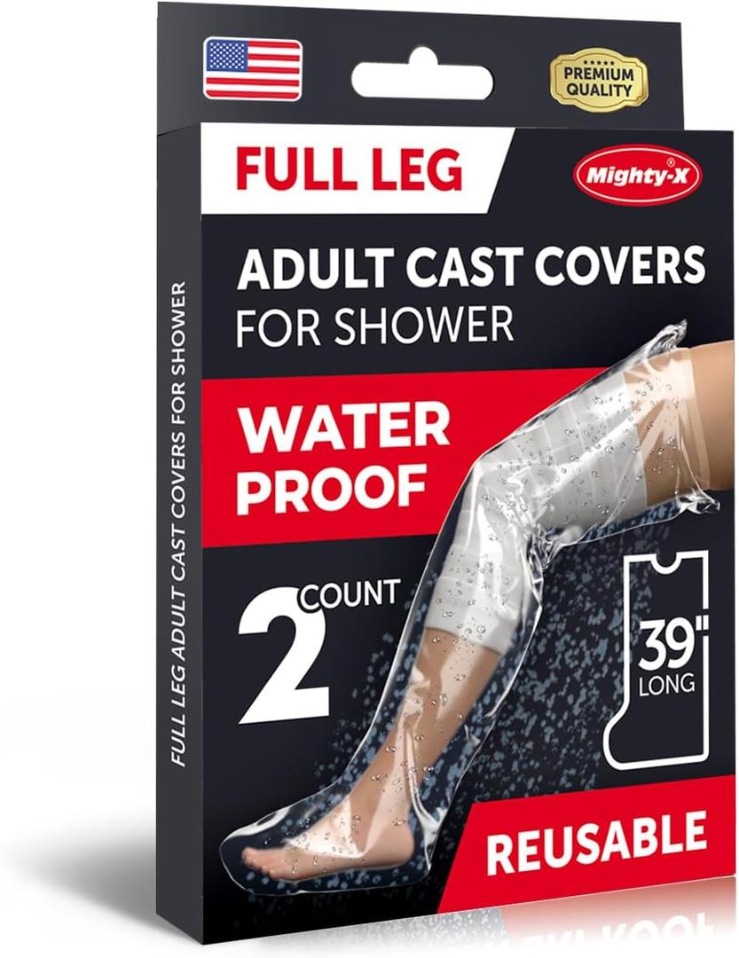 Mighty-X 100% Waterproof Cast Covers for Shower Leg - Tight Seal - 2pk Reusable Adult Full Leg Cast Protectors - Thigh, Knee, Ankle, Foot - Strong and Durable