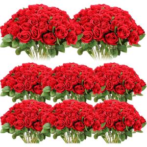 Hotop 80 Pcs Rose Artificial Flowers Bulk with Long Stem, Silk Roses Realistic Fake Flowers Bouquet for Wedding Table Centerpieces Bridal Shower Party Home Decorations(Red)