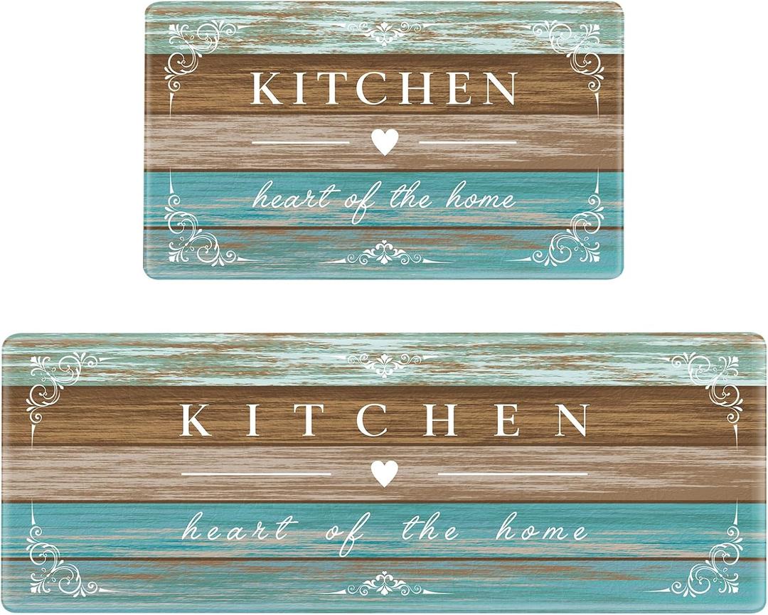 Sofort Kitchen Rugs Farmhouse Cushioned Anti Fatigue Kitchen Mats 2 Piece Set Non Slip Waterproof for Floor, Rustic Wooden Comfort Standing Mats for Kitchen, Office, Sink, Laundry (Teal/Brown)