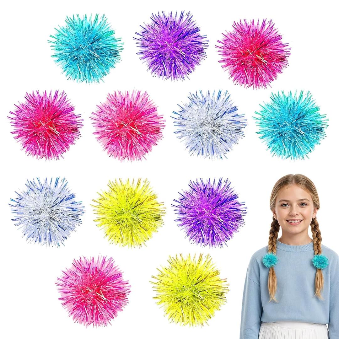 12Pcs Bling Foil Strips Pom Pom Hair Clips for Girls, Cute Hair Balls for Girls Hairs, Tinsel Fluffy Poms Poms Hairs Ties for Women Girl Birthday Halloween Christmas Party