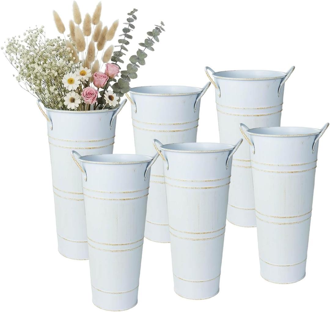 vensovo 9" Tall Galvanized Flower , 6 Pcs French Metal Vases with Handles, Tabletop Rustic Floral Buckets for Dried Flowers, Wedding Flower Bar & Home Decor, Distressed White
