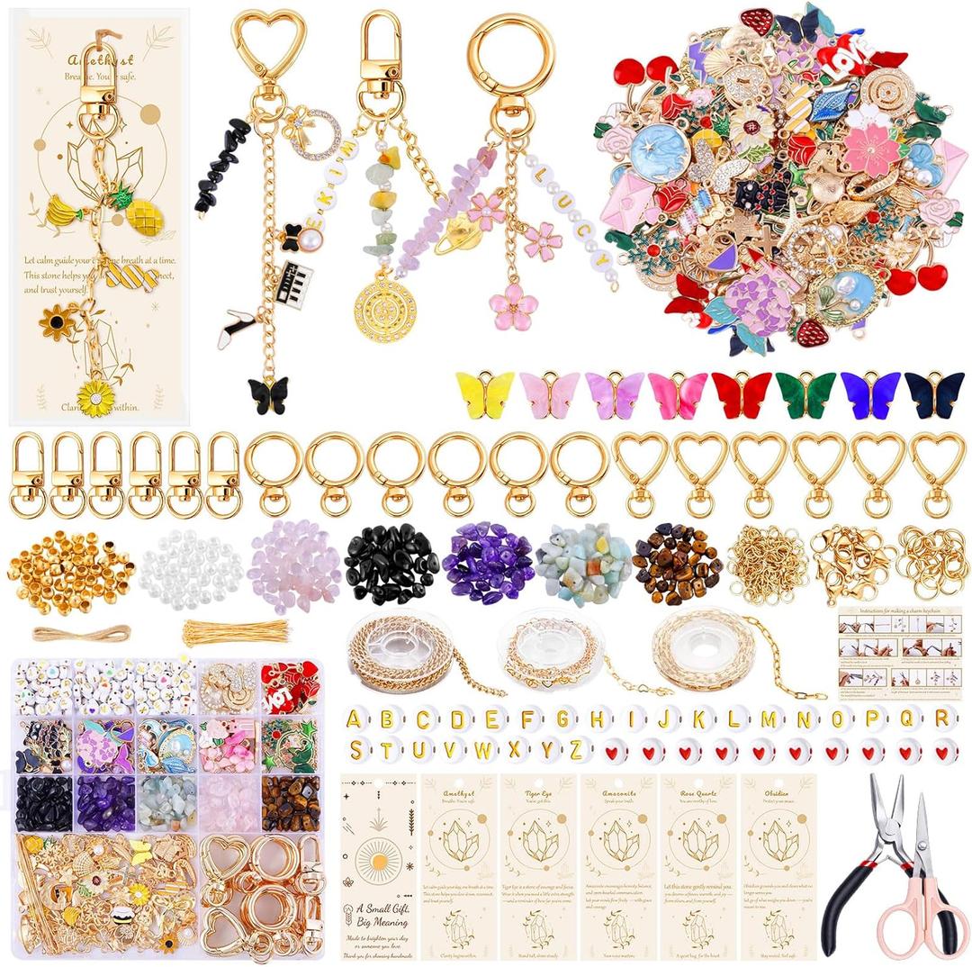 TOHONGADON 907 Pcs Lip Gloss Charms, Keychain Making Kit, Bag Charm Kit with 5 Kinds of Crystal Stones, 343 Charms, 24 Keychain Clips, Key Ring Jewelry Plier, Extender Chain for DIY Crafting