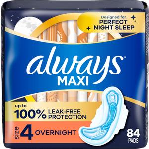 Always Maxi Overnight Pads with Wings for Women, Size 4, Overnight Absorbency, Unscented, 84 Count (3 Packs of 28)