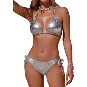 Womens Triangle Halter Metallic Gold Bikini Sets Dual Straps Side Tie Two Piece Bathing Suit Sexy String Swimsuit Swimwear (Small)