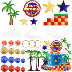 MEMOVAN Hedgehog Cake Topper 29PCS Cartoon Themed Happy Birthday Cake Topper Red Blue Yellow Ball Cake Cupcake Toppers with Tree Circle Blue Hedgehog Stars for Baby Shower Birthday