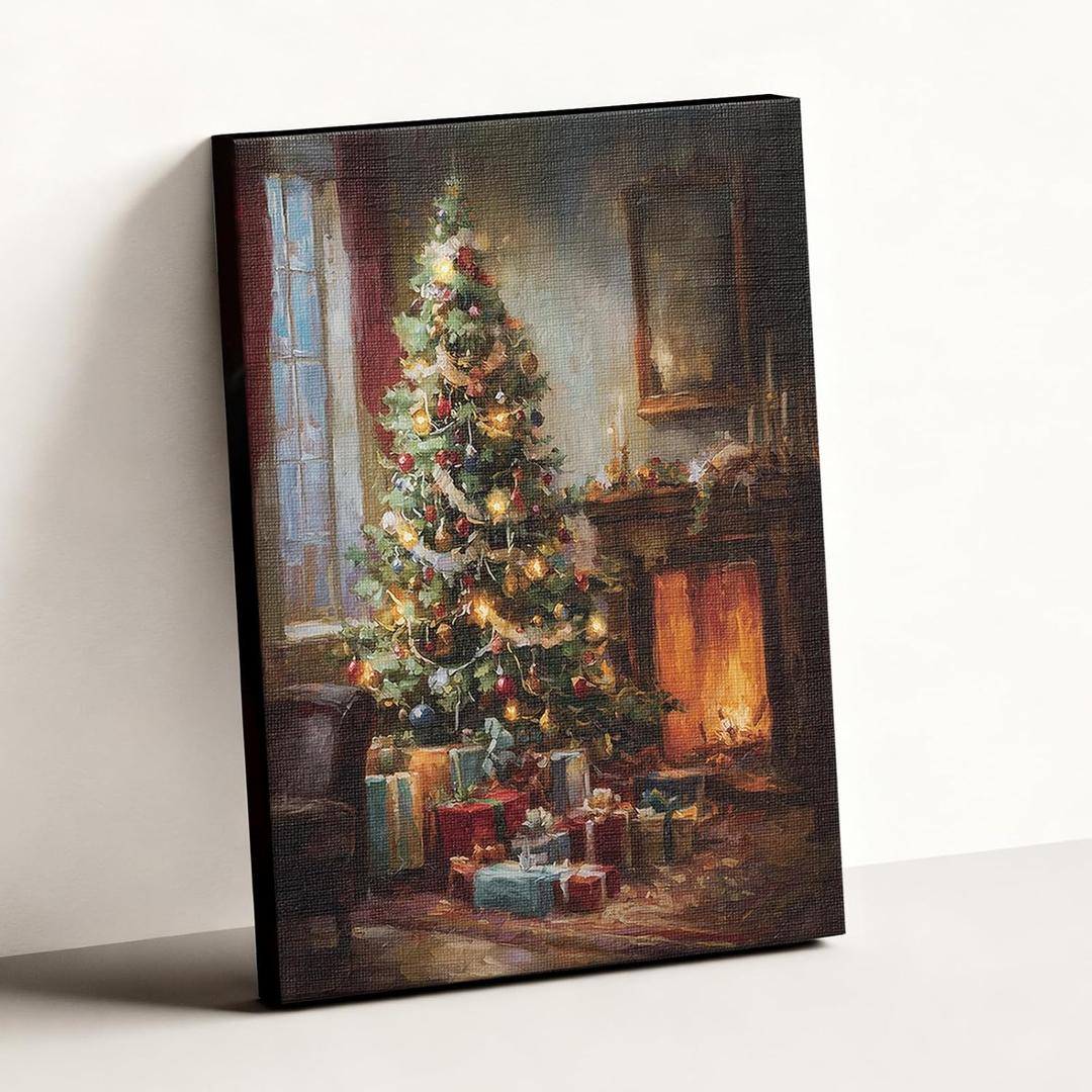 ARPEOTCY LED Framed Christmas Tree Art Decor, Winter Vintage Fireplace Cozy Pictures, 16x20 Inch, Battery Operated(exclude), Xmas Decoration Gifts for Living Room Bedroom Shelf Hallway