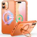 O3 Mag-Stand Designed for iPhone 17 Case with 360° Spin Stand, [Compatible with mag Safe][Super Skin Feeling] Translucent Matte Magnetic Slim Phone Case 6.3 inch, Matte Orange