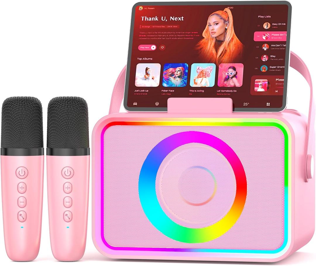Karaoke Machine,Portable Bluetooth Speaker with 2 Wireless Microphone for Adults & Kids with LED Lights, Karaoke Microphone with PA System Supports USB/TF/AUX,Gift for Party (Pink)