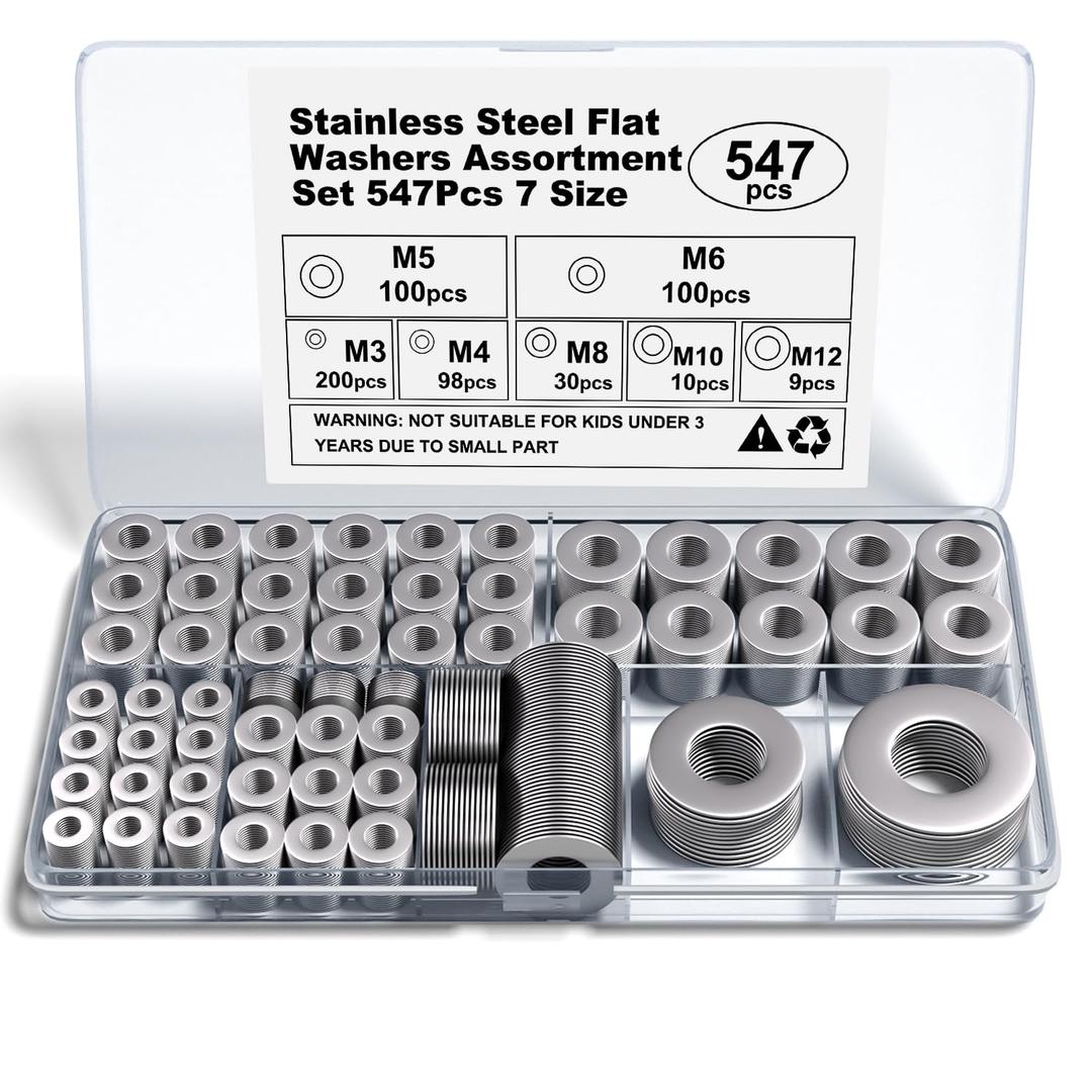 Stainless Steel Flat Washers Assortment, 18-8 (304) Stainless Steel, 547-Piece Set (Assorted Metric Sizes M3-M12, 3mm, 4mm, 5mm, 6mm, 8mm, 10mm, 12mm) with Plastic Storage Case