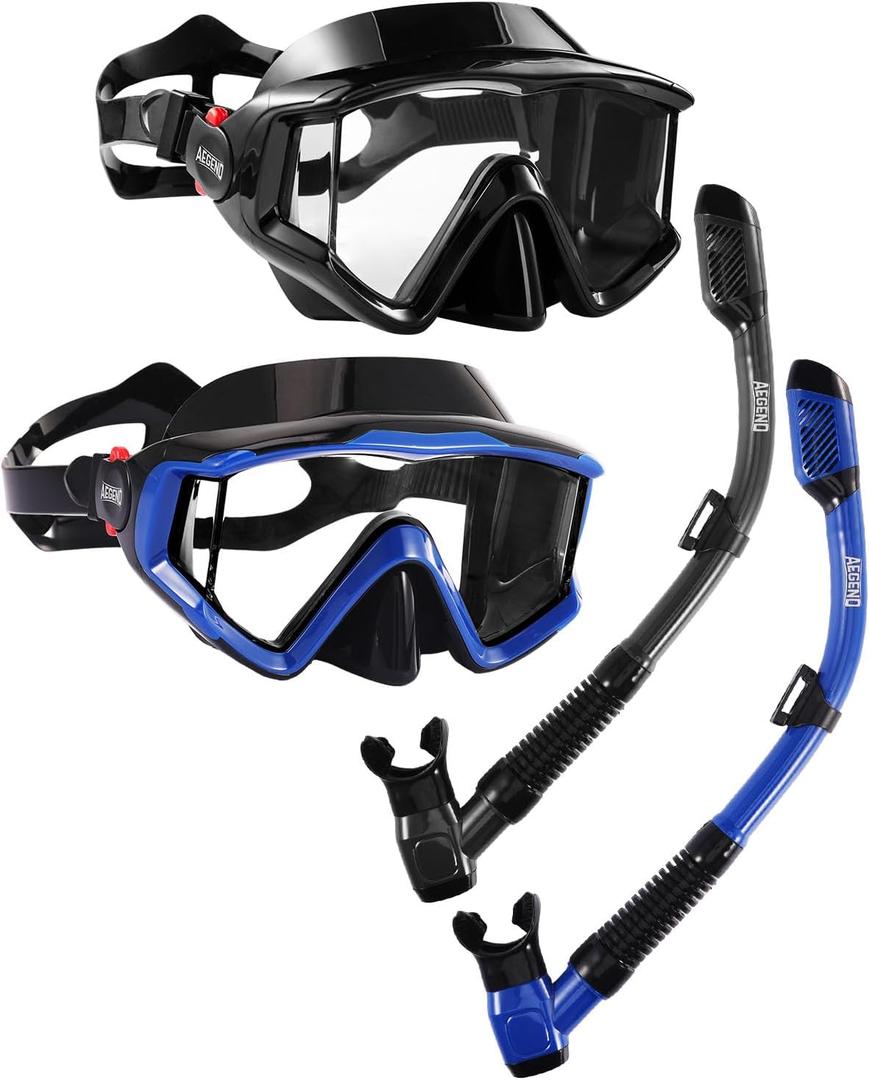 Aegend Snorkeling Gear for Adults Youth Kids, Snorkel Mask with Top Dry Valve - Panoramic View Anti-Leak and Anti-Fog with Mesh Bag for Snorkeling, Scuba Diving, Freediving & Swimming (2 PACK-Black & Deep Blue)